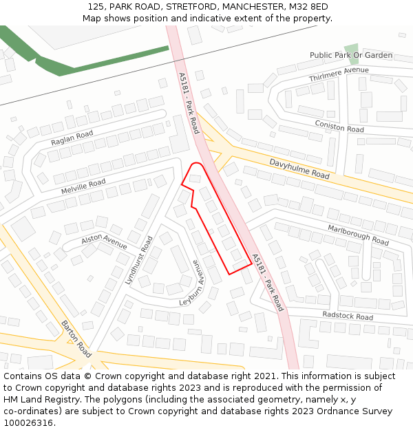 125, PARK ROAD, STRETFORD, MANCHESTER, M32 8ED: Location map and indicative extent of plot