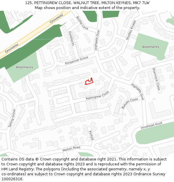 125, PETTINGREW CLOSE, WALNUT TREE, MILTON KEYNES, MK7 7LW: Location map and indicative extent of plot