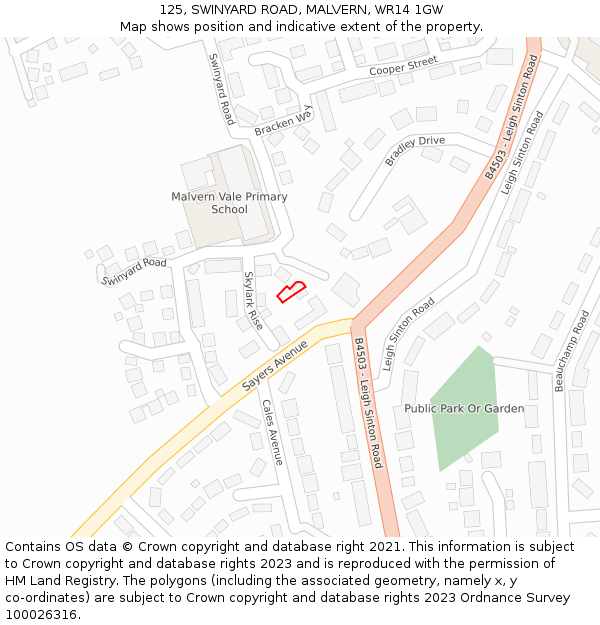 125, SWINYARD ROAD, MALVERN, WR14 1GW: Location map and indicative extent of plot