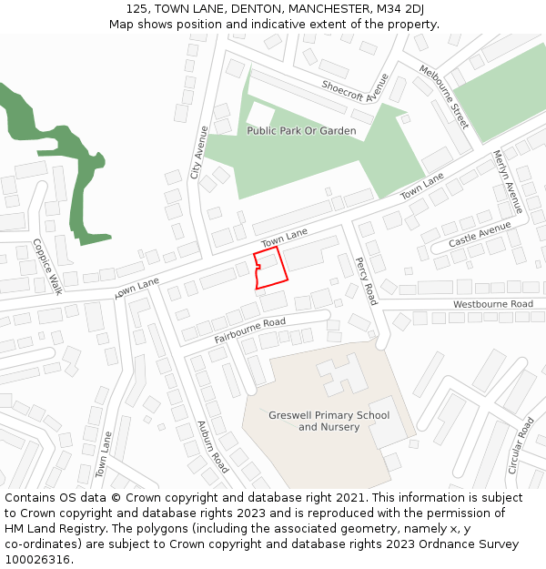 125, TOWN LANE, DENTON, MANCHESTER, M34 2DJ: Location map and indicative extent of plot