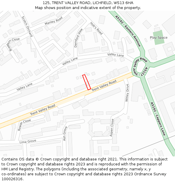 125, TRENT VALLEY ROAD, LICHFIELD, WS13 6HA: Location map and indicative extent of plot