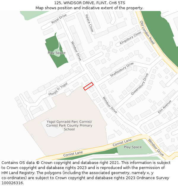 125, WINDSOR DRIVE, FLINT, CH6 5TS: Location map and indicative extent of plot