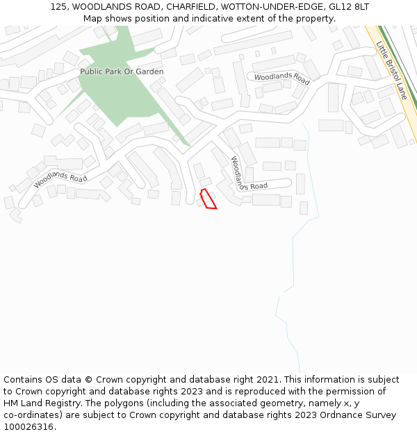 125, WOODLANDS ROAD, CHARFIELD, WOTTON-UNDER-EDGE, GL12 8LT: Location map and indicative extent of plot