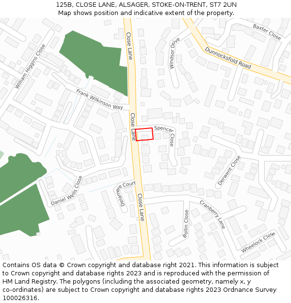 125B, CLOSE LANE, ALSAGER, STOKE-ON-TRENT, ST7 2UN: Location map and indicative extent of plot