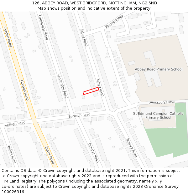 126, ABBEY ROAD, WEST BRIDGFORD, NOTTINGHAM, NG2 5NB: Location map and indicative extent of plot