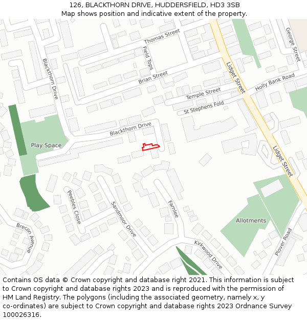 126, BLACKTHORN DRIVE, HUDDERSFIELD, HD3 3SB: Location map and indicative extent of plot