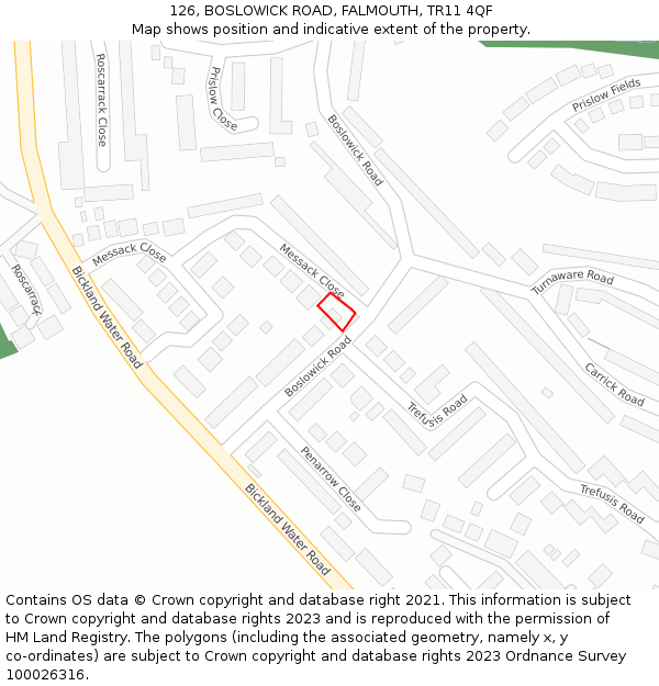 126, BOSLOWICK ROAD, FALMOUTH, TR11 4QF: Location map and indicative extent of plot