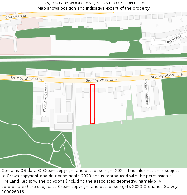 126, BRUMBY WOOD LANE, SCUNTHORPE, DN17 1AF: Location map and indicative extent of plot