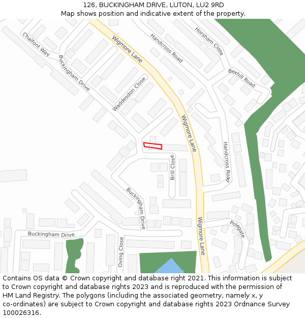 126, BUCKINGHAM DRIVE, LUTON, LU2 9RD: Location map and indicative extent of plot