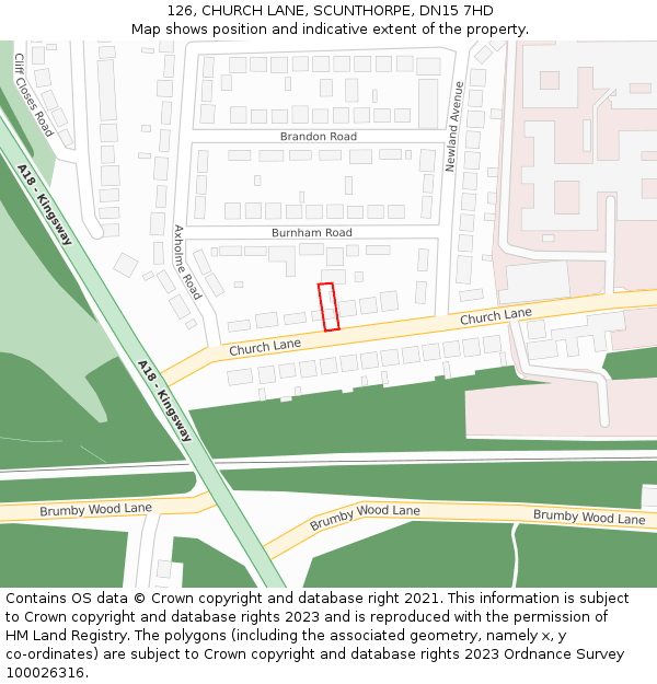 126, CHURCH LANE, SCUNTHORPE, DN15 7HD: Location map and indicative extent of plot