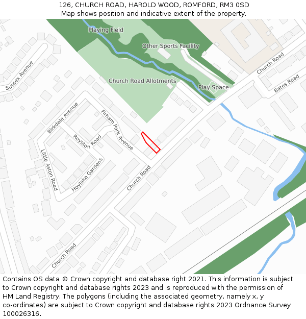 126, CHURCH ROAD, HAROLD WOOD, ROMFORD, RM3 0SD: Location map and indicative extent of plot