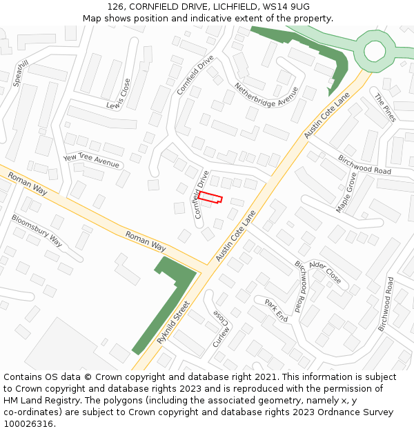 126, CORNFIELD DRIVE, LICHFIELD, WS14 9UG: Location map and indicative extent of plot