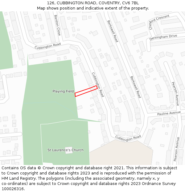 126, CUBBINGTON ROAD, COVENTRY, CV6 7BL: Location map and indicative extent of plot