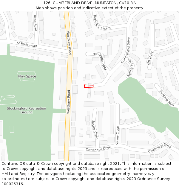 126, CUMBERLAND DRIVE, NUNEATON, CV10 8JN: Location map and indicative extent of plot