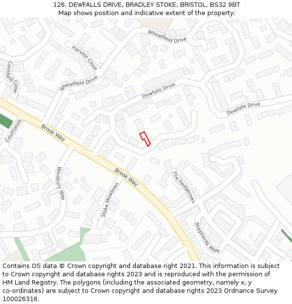 126, DEWFALLS DRIVE, BRADLEY STOKE, BRISTOL, BS32 9BT: Location map and indicative extent of plot