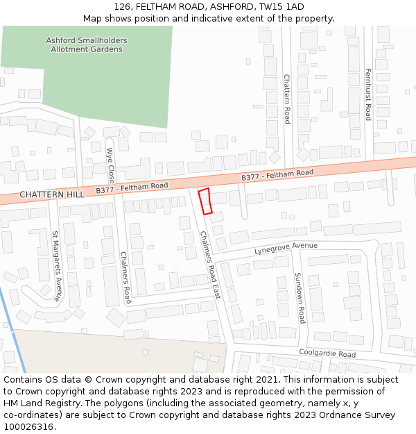 126, FELTHAM ROAD, ASHFORD, TW15 1AD: Location map and indicative extent of plot