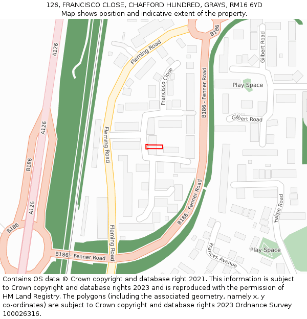 126, FRANCISCO CLOSE, CHAFFORD HUNDRED, GRAYS, RM16 6YD: Location map and indicative extent of plot