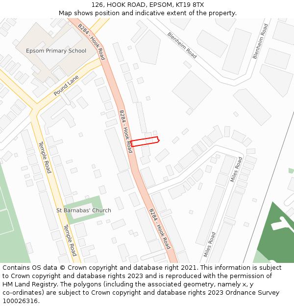 126, HOOK ROAD, EPSOM, KT19 8TX: Location map and indicative extent of plot