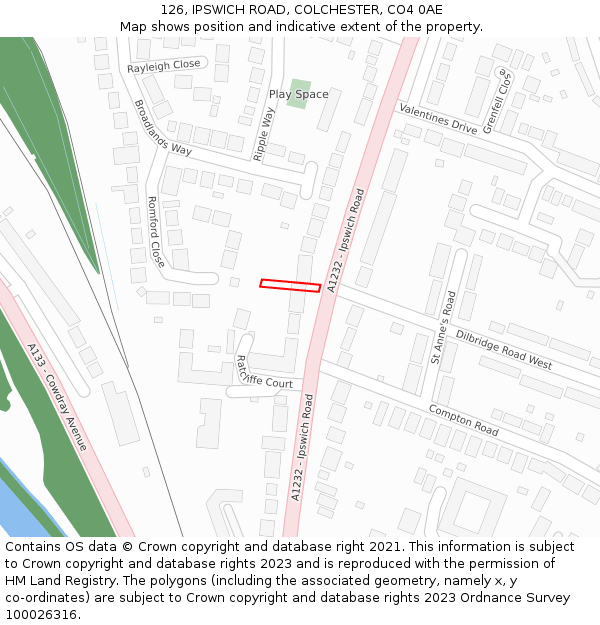 126, IPSWICH ROAD, COLCHESTER, CO4 0AE: Location map and indicative extent of plot