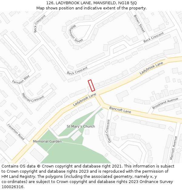 126, LADYBROOK LANE, MANSFIELD, NG18 5JQ: Location map and indicative extent of plot