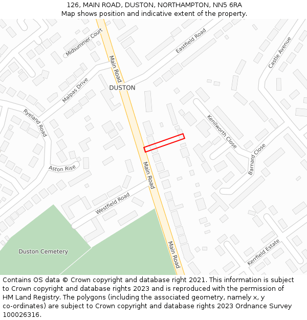 126, MAIN ROAD, DUSTON, NORTHAMPTON, NN5 6RA: Location map and indicative extent of plot