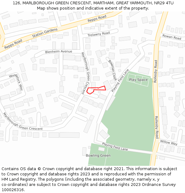 126, MARLBOROUGH GREEN CRESCENT, MARTHAM, GREAT YARMOUTH, NR29 4TU: Location map and indicative extent of plot