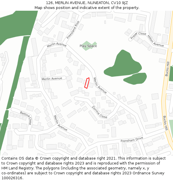 126, MERLIN AVENUE, NUNEATON, CV10 9JZ: Location map and indicative extent of plot