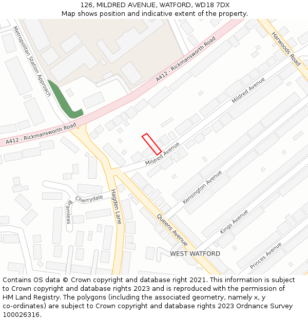 126, MILDRED AVENUE, WATFORD, WD18 7DX: Location map and indicative extent of plot