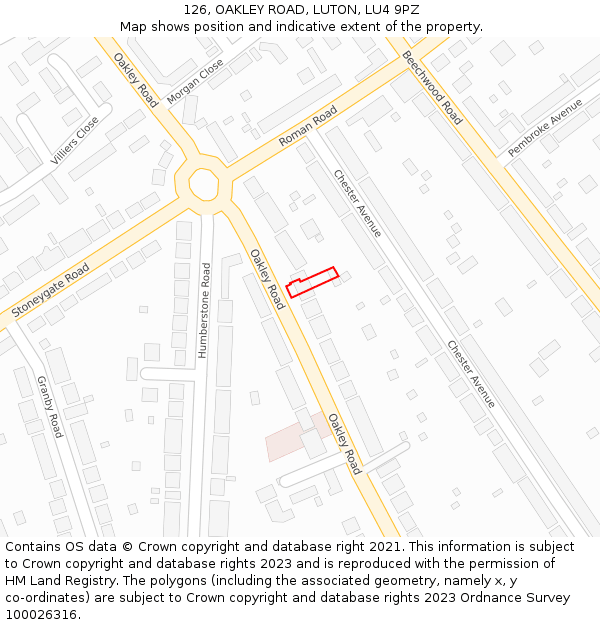 126, OAKLEY ROAD, LUTON, LU4 9PZ: Location map and indicative extent of plot