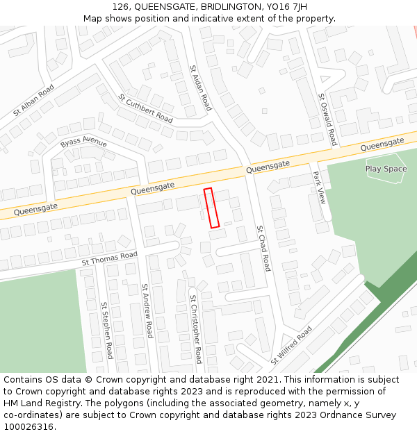 126, QUEENSGATE, BRIDLINGTON, YO16 7JH: Location map and indicative extent of plot