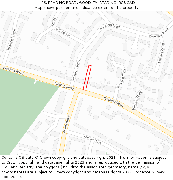 126, READING ROAD, WOODLEY, READING, RG5 3AD: Location map and indicative extent of plot