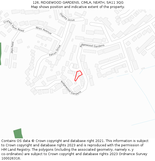 126, RIDGEWOOD GARDENS, CIMLA, NEATH, SA11 3QG: Location map and indicative extent of plot