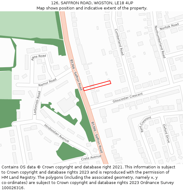 126, SAFFRON ROAD, WIGSTON, LE18 4UP: Location map and indicative extent of plot
