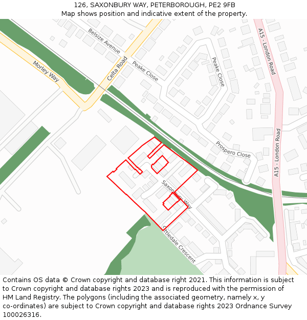 126, SAXONBURY WAY, PETERBOROUGH, PE2 9FB: Location map and indicative extent of plot