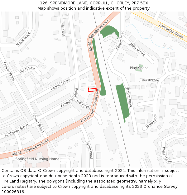 126, SPENDMORE LANE, COPPULL, CHORLEY, PR7 5BX: Location map and indicative extent of plot