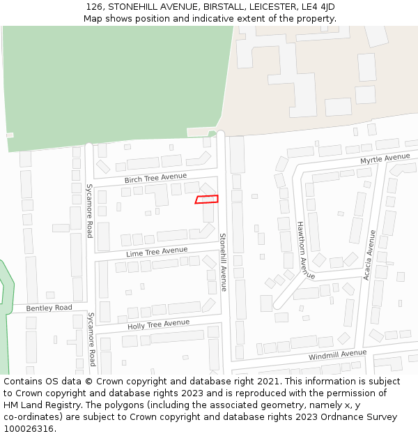 126, STONEHILL AVENUE, BIRSTALL, LEICESTER, LE4 4JD: Location map and indicative extent of plot