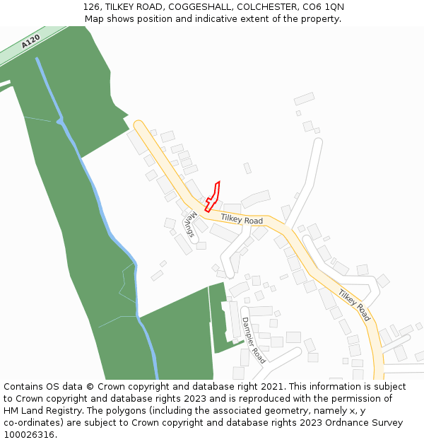 126, TILKEY ROAD, COGGESHALL, COLCHESTER, CO6 1QN: Location map and indicative extent of plot