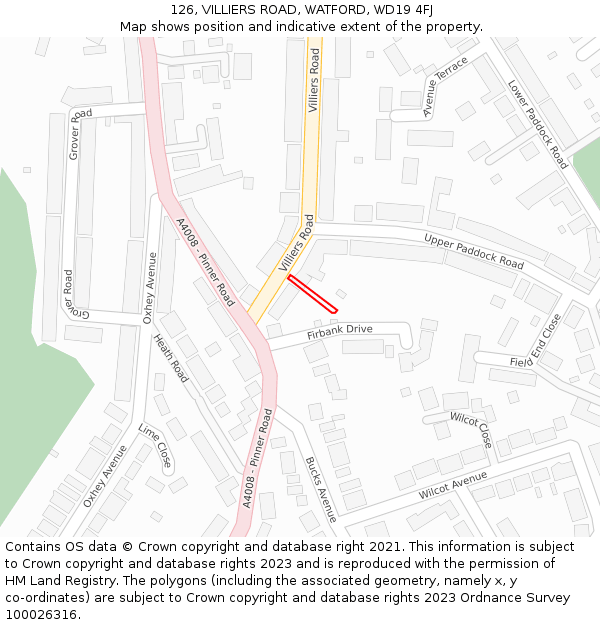 126, VILLIERS ROAD, WATFORD, WD19 4FJ: Location map and indicative extent of plot