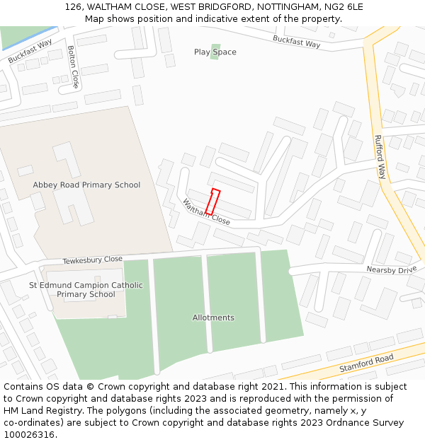 126, WALTHAM CLOSE, WEST BRIDGFORD, NOTTINGHAM, NG2 6LE: Location map and indicative extent of plot