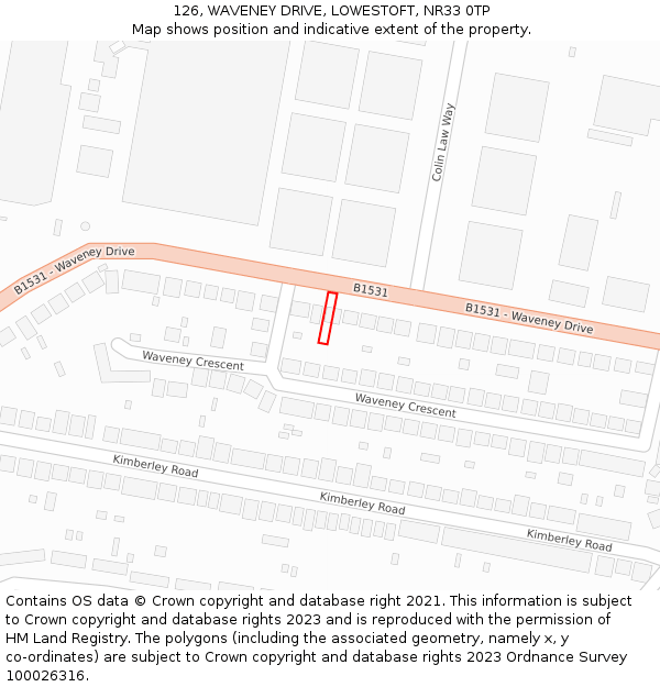 126, WAVENEY DRIVE, LOWESTOFT, NR33 0TP: Location map and indicative extent of plot