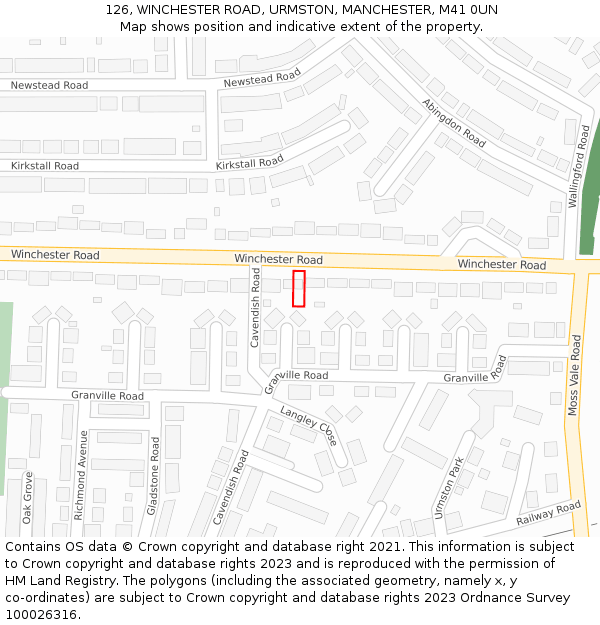 126, WINCHESTER ROAD, URMSTON, MANCHESTER, M41 0UN: Location map and indicative extent of plot