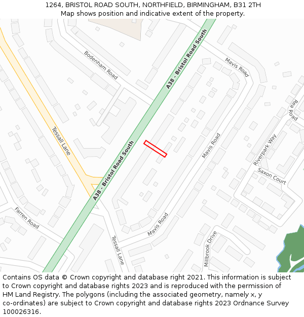 1264, BRISTOL ROAD SOUTH, NORTHFIELD, BIRMINGHAM, B31 2TH: Location map and indicative extent of plot