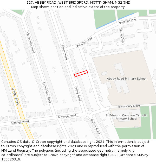 127, ABBEY ROAD, WEST BRIDGFORD, NOTTINGHAM, NG2 5ND: Location map and indicative extent of plot