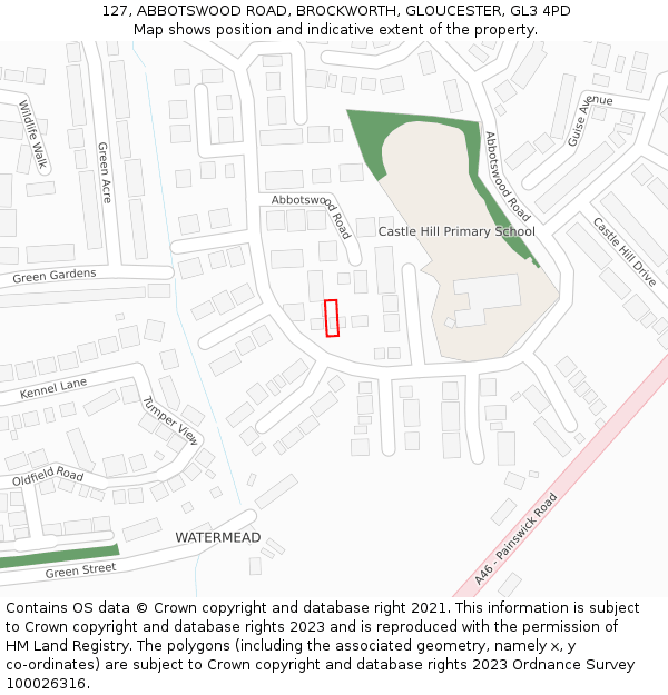 127, ABBOTSWOOD ROAD, BROCKWORTH, GLOUCESTER, GL3 4PD: Location map and indicative extent of plot