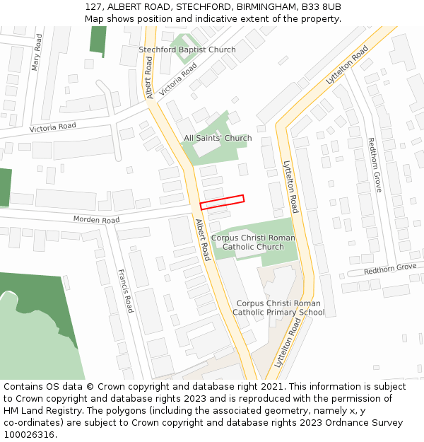 127, ALBERT ROAD, STECHFORD, BIRMINGHAM, B33 8UB: Location map and indicative extent of plot