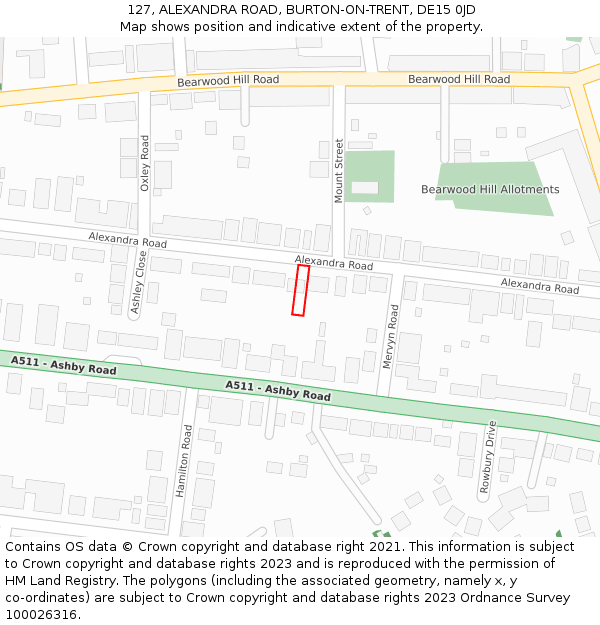 127, ALEXANDRA ROAD, BURTON-ON-TRENT, DE15 0JD: Location map and indicative extent of plot