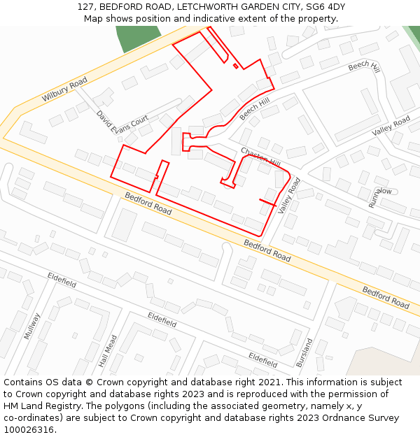 127, BEDFORD ROAD, LETCHWORTH GARDEN CITY, SG6 4DY: Location map and indicative extent of plot