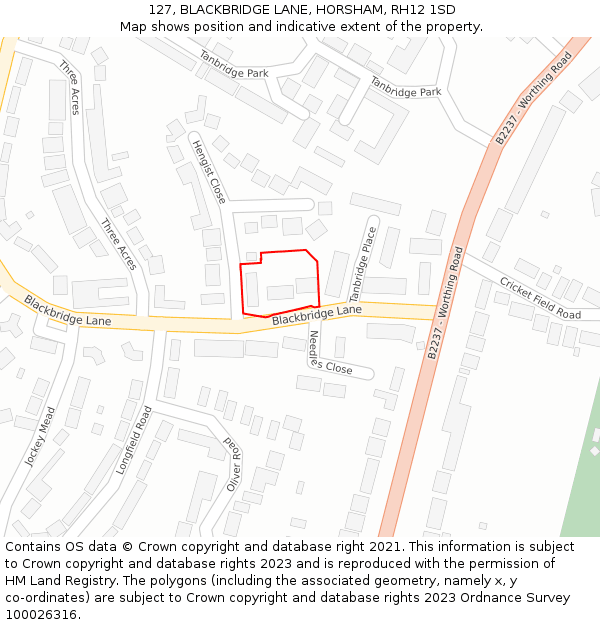 127, BLACKBRIDGE LANE, HORSHAM, RH12 1SD: Location map and indicative extent of plot