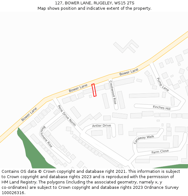 127, BOWER LANE, RUGELEY, WS15 2TS: Location map and indicative extent of plot