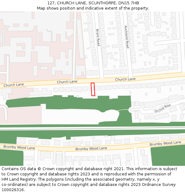 127, CHURCH LANE, SCUNTHORPE, DN15 7HB: Location map and indicative extent of plot